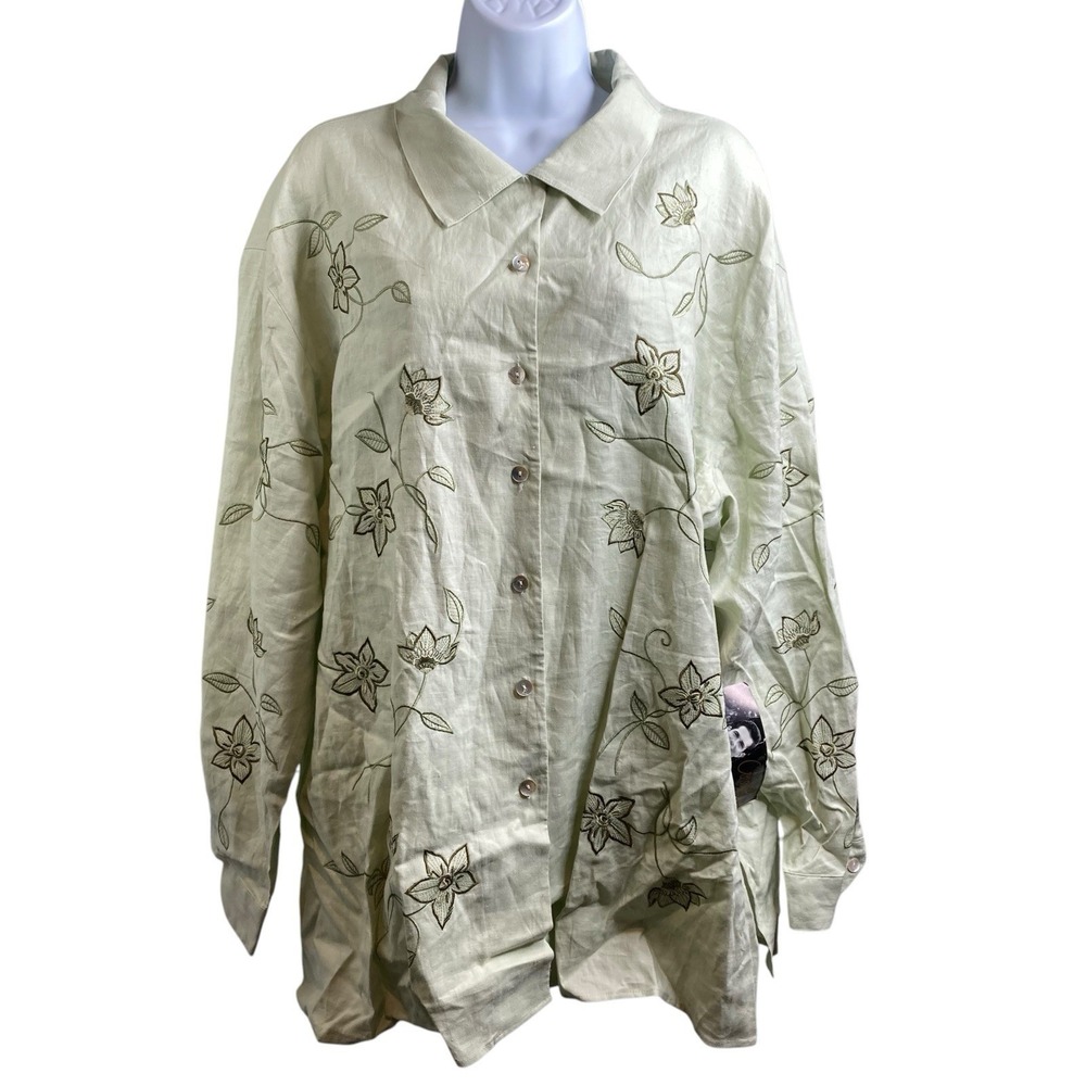 NWT VTG 90s C.B. Studio Green Embroidered Floral Linen Button Up Blouse 2X Chic
